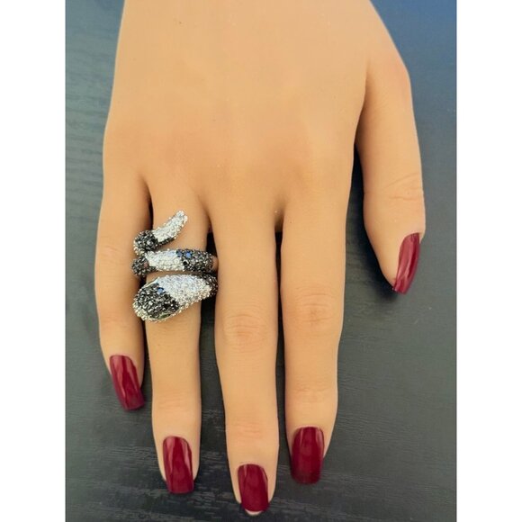 Stunning Pave Black/White Stones with Green Eyes Snake Ring - Picture 7 of 8